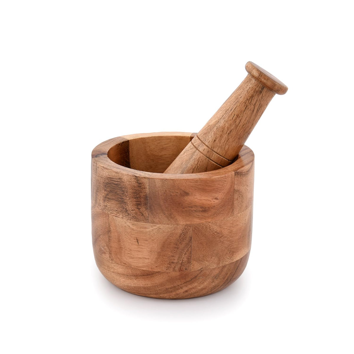 Samhita acacia mortar-pestle for decorative display and spice grinding.