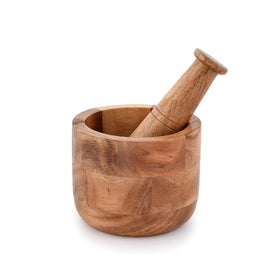 Samhita acacia mortar-pestle for decorative display and spice grinding.