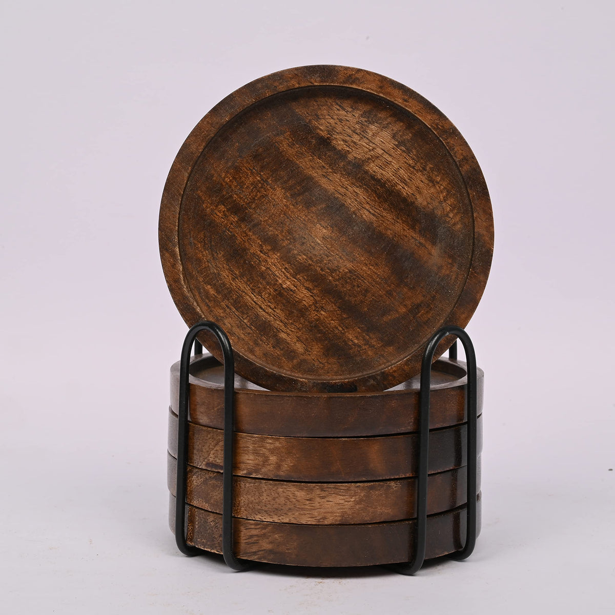 Samhita black iron coaster holder keeps coasters neatly organized.