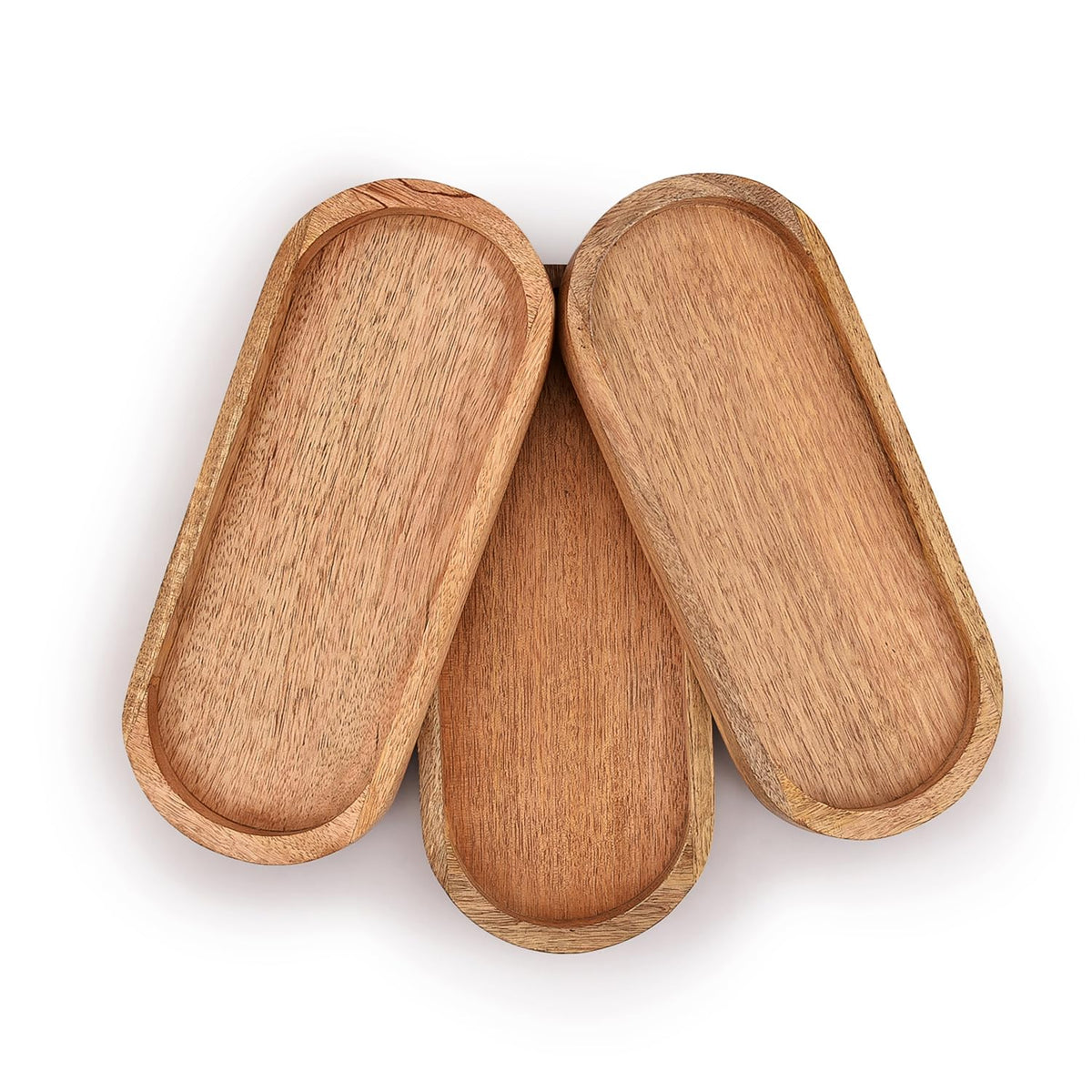 Samhita mango oval wood tray stack display shows the compact three-piece set for appetizers.