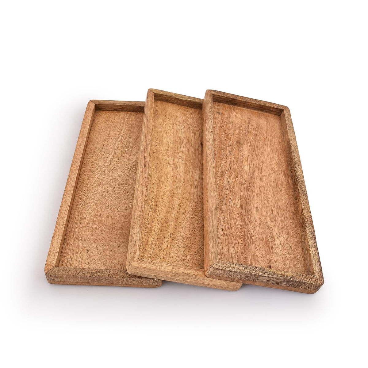 Samhita mango wood serving platter collection showcases warm grain for versatile party display.