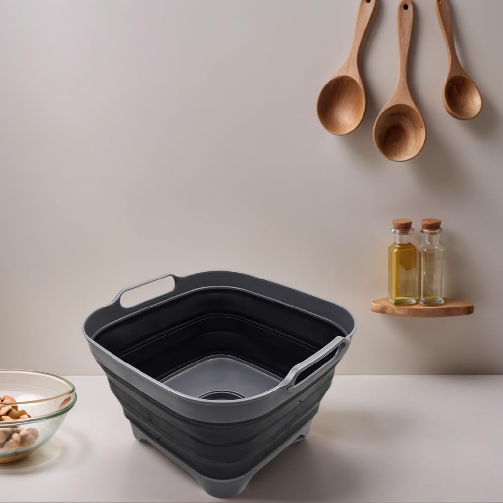 SAMMART 10L collapsible dishpan expanded to full capacity in grey/black