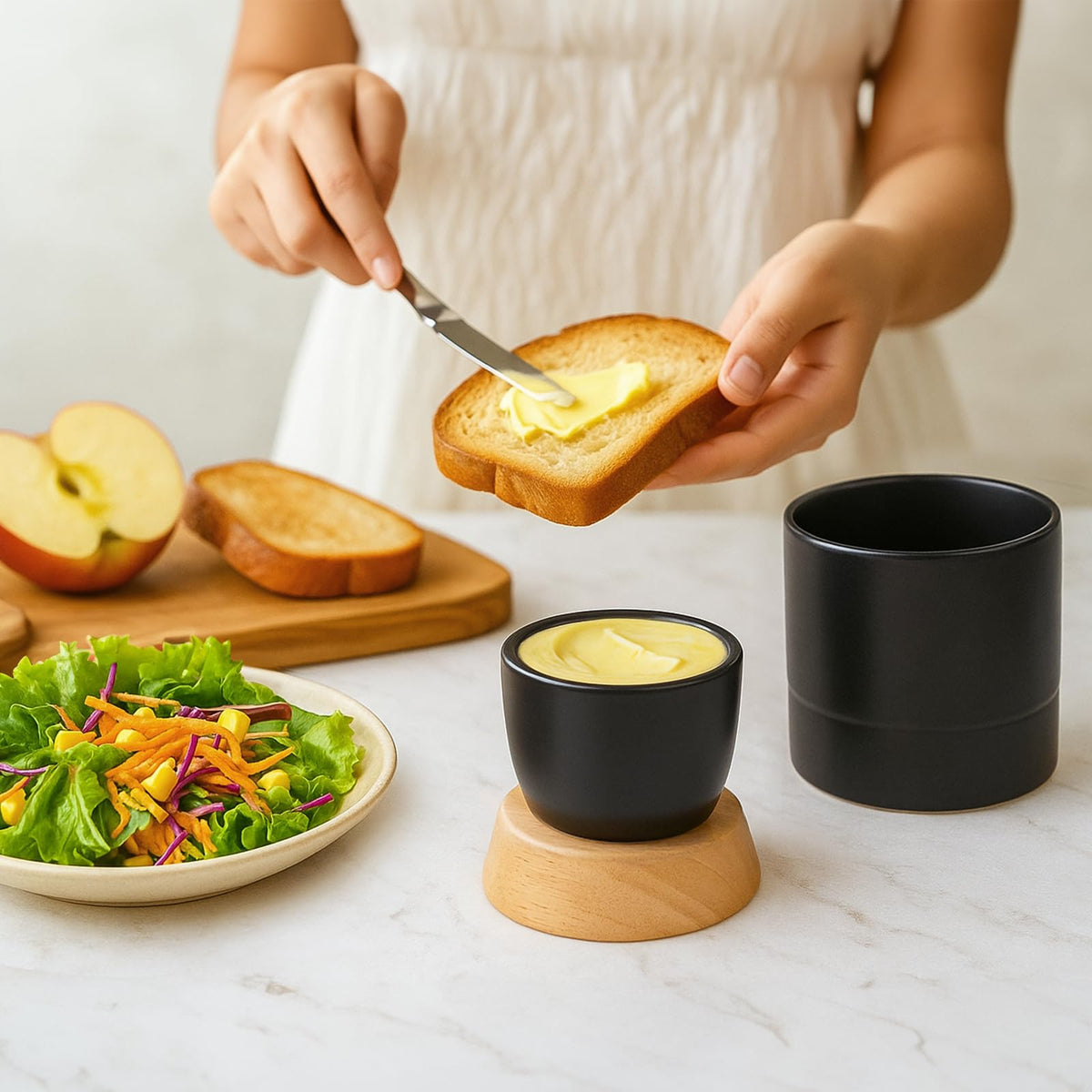 Samseel butter crock fits standard sticks for easy prep.