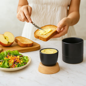 Samseel butter crock fits standard sticks for easy prep.