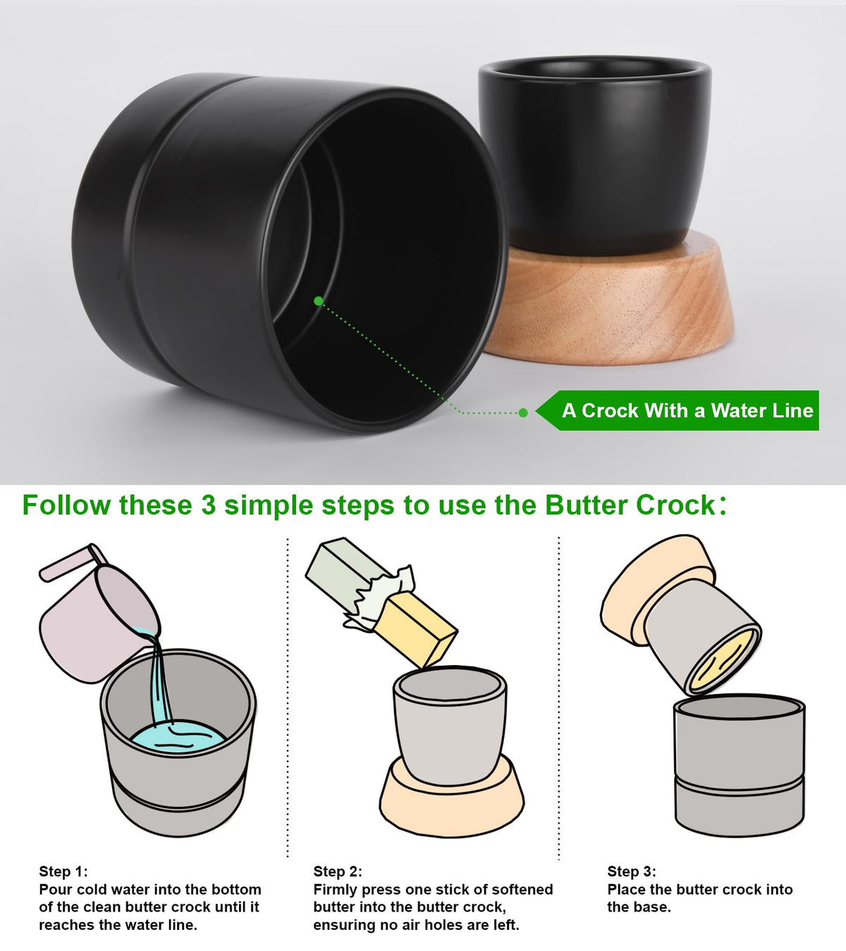Samseel matte black butter keeper on kitchen counter.