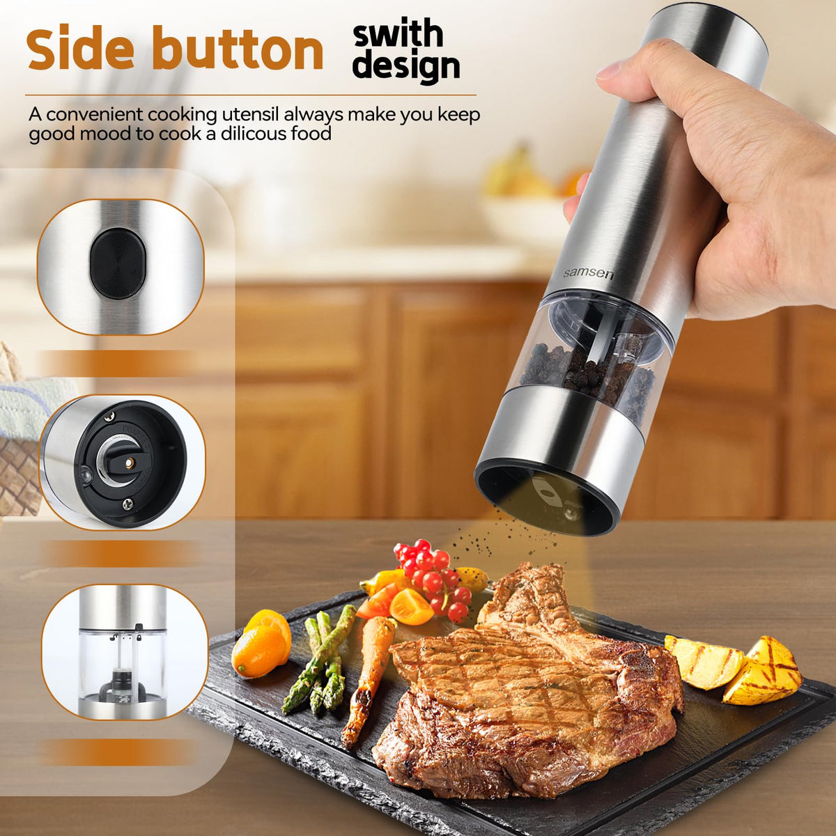 Samsen electric pepper grinder adjustable coarseness for fine to coarse seasoning.