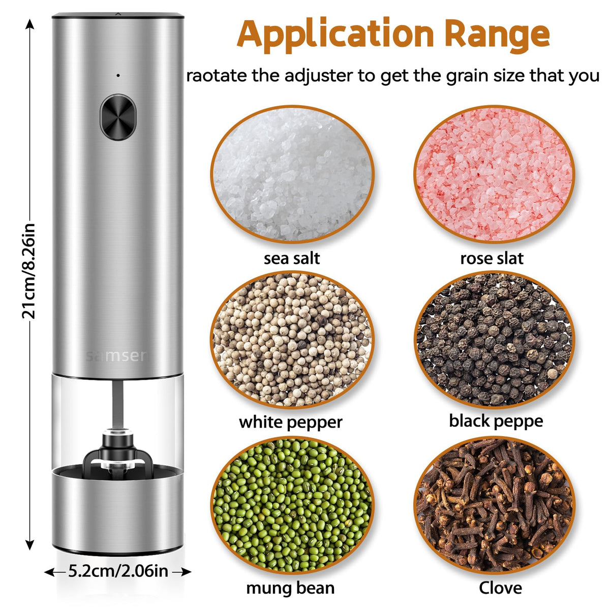 Samsen electric pepper grinder LED light illuminates grinding for accurate seasoning.