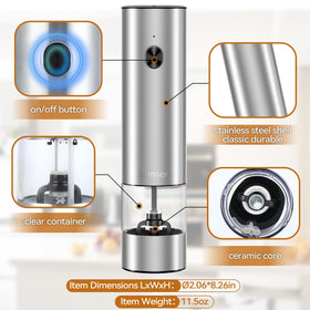 Samsen electric pepper grinder transparent chamber lets you monitor salt and pepper.