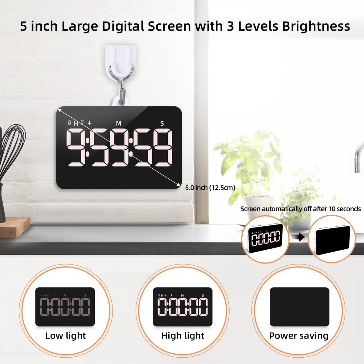 Samshow five-inch LED timer shows large numbers with adjustable brightness.