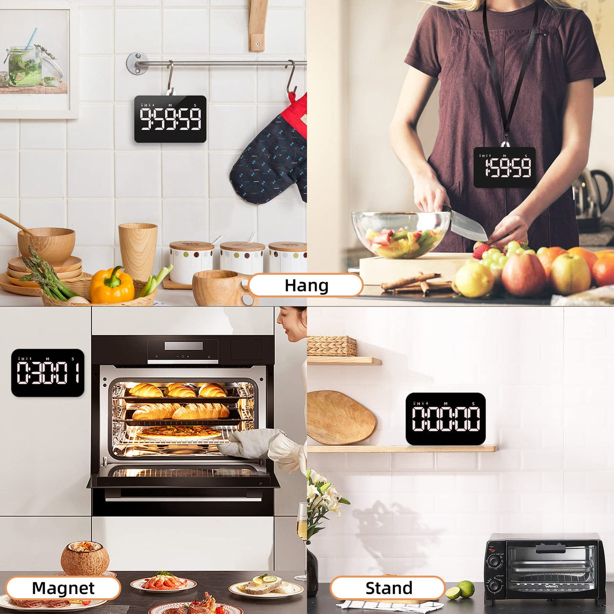 Samshow timer shown with magnetic back, hook, and desktop stand for flexible placement.