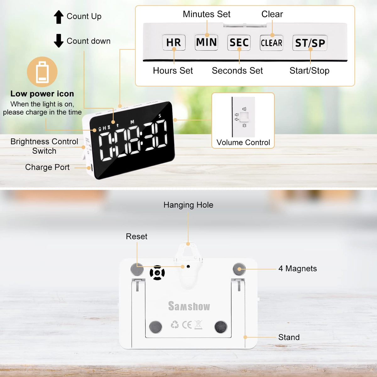 Samshow timer with separate H, M, S buttons for precise time setting.