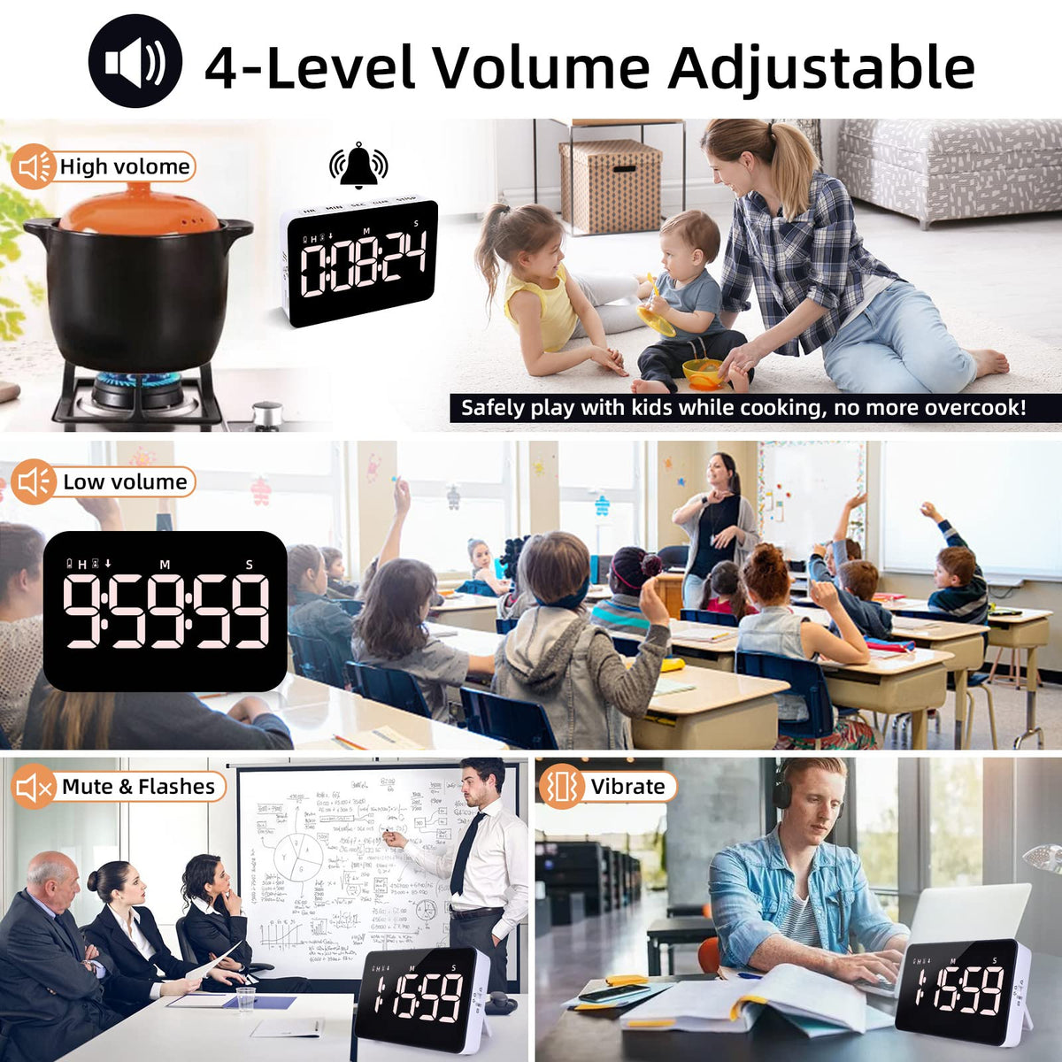 Samshow timer offering four volume levels for customizable alerts.