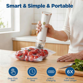 SAMSICHI handheld sealer demonstrates one‑touch operation for quick, clean vacuum sealing.