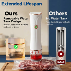 Transparent water tank removal highlights easy cleaning and spill-free use.