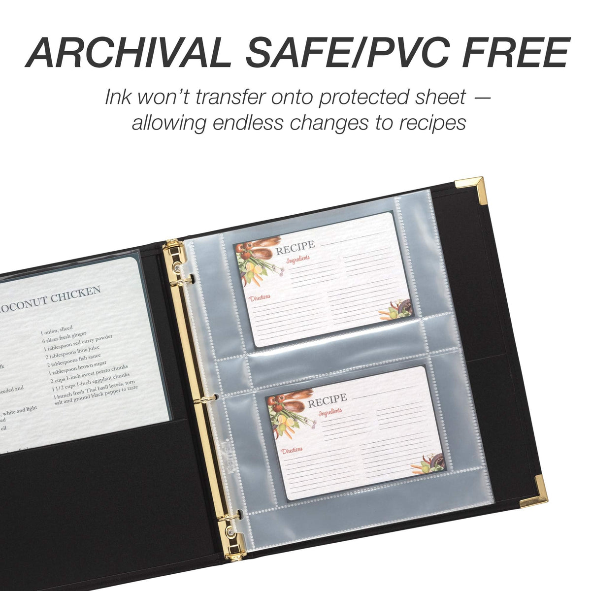Samsill archival-safe material prevents ink transfer and preserves cherished recipes.