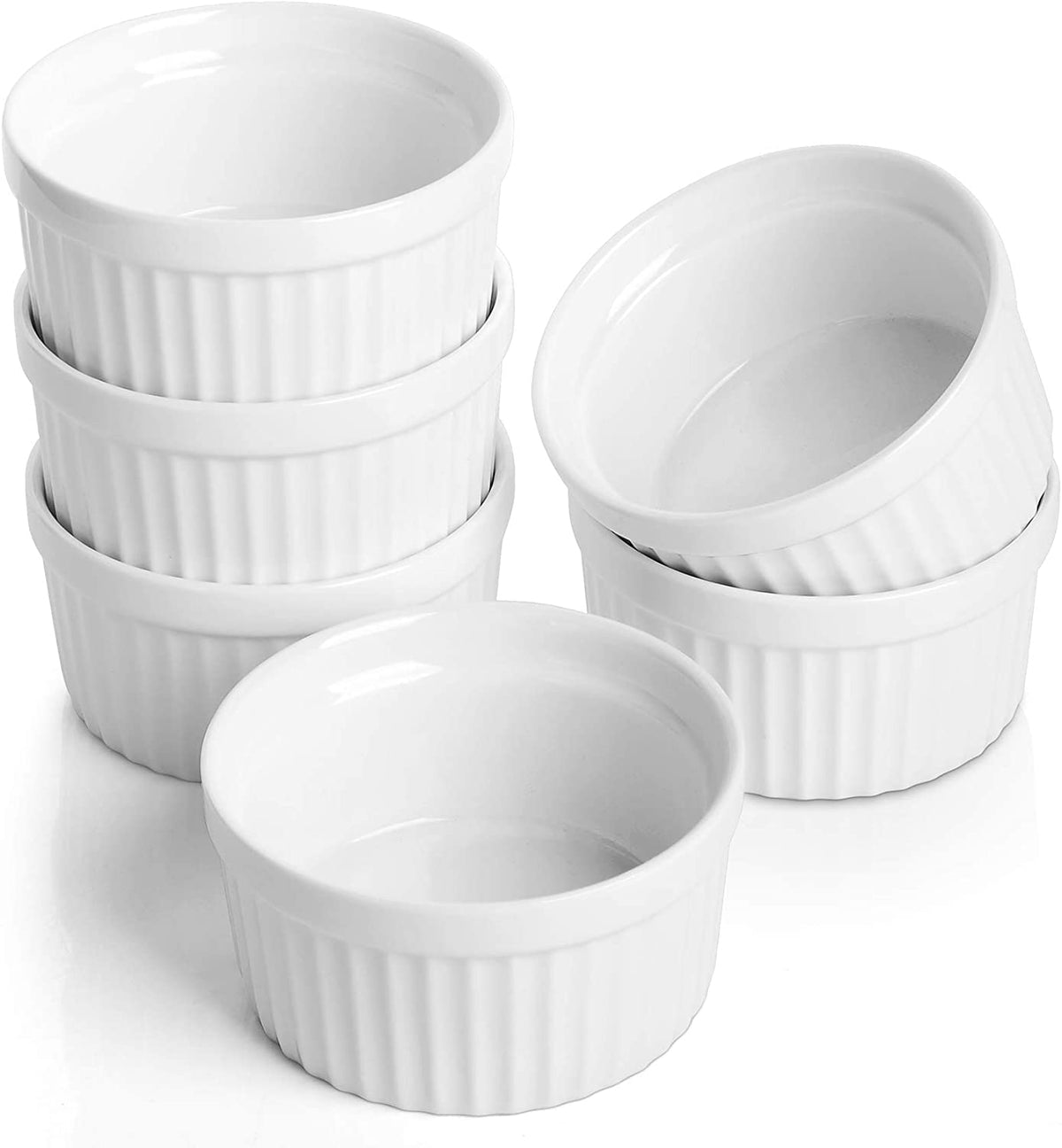 Samsle 6oz ramekins stacked for compact storage and portion control.