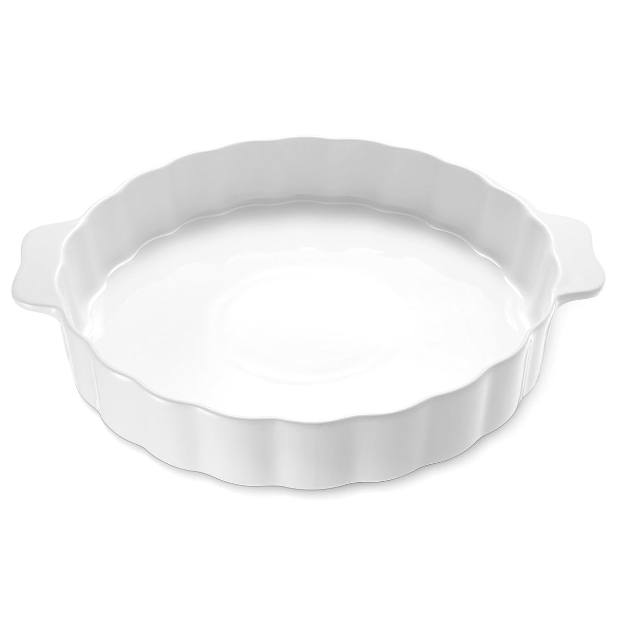 Samsle ceramic pie pan with double handle for easy transport and serving.