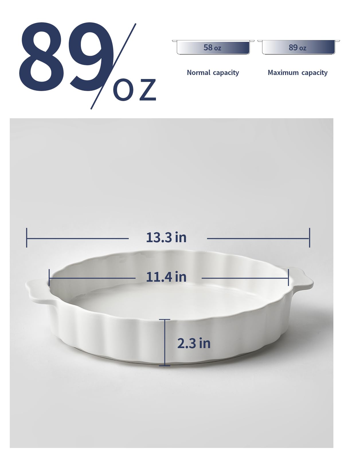 Samsle 13-inch round ceramic pan ready for baking pies or quiches.