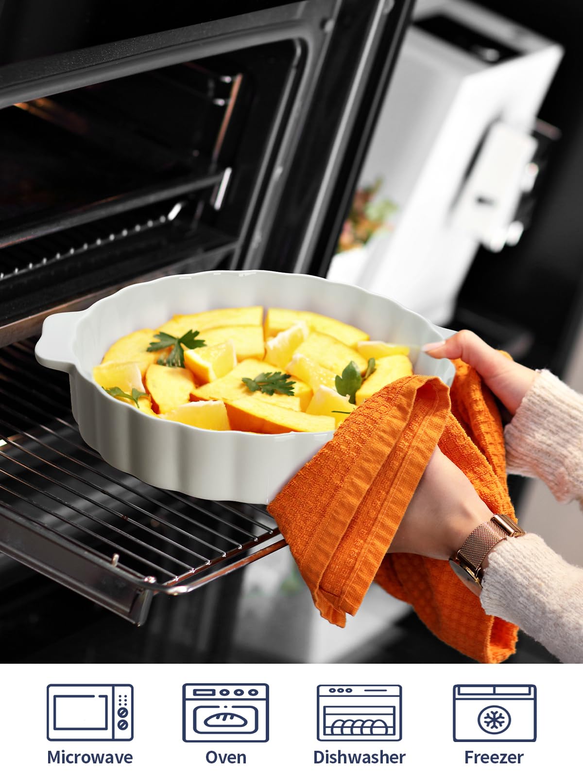 Samsle pie pan with a ruffled edge enhances presentation of pies.