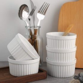 Samsle white glaze ramekins resist acids and odors for easy cleanup.