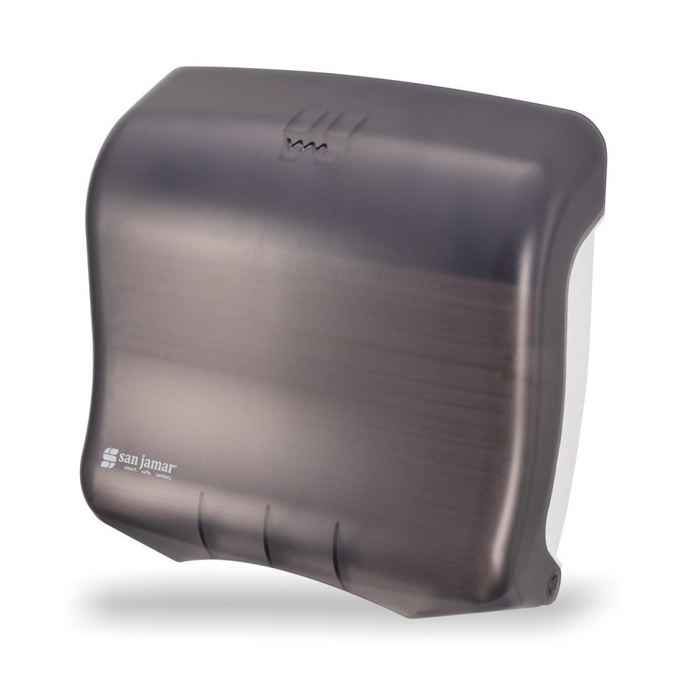 San Jamar Ultrafold Fusion dispenser front view in black for space-saving towel access.