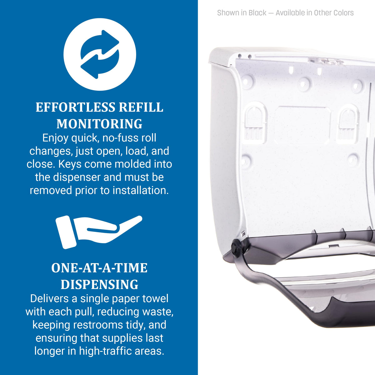 San Jamar Ultrafold Fusion open towel compartment enables quick grabs.