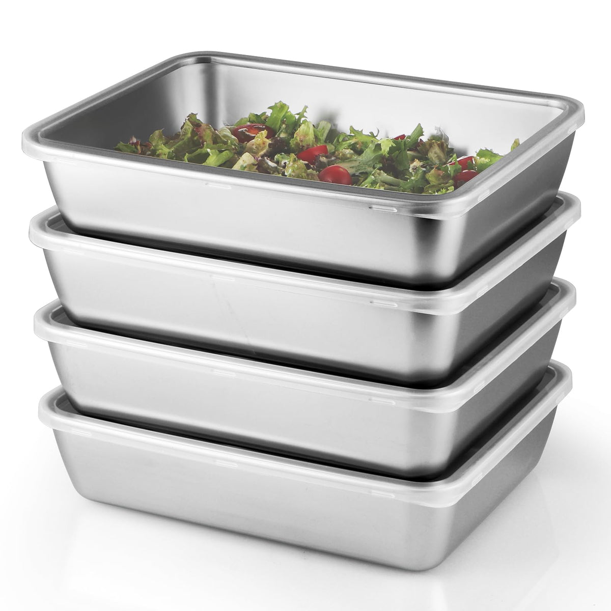 Sanbege 4pc stainless steel containers with clear lids for fresh preservation and fridge organization.