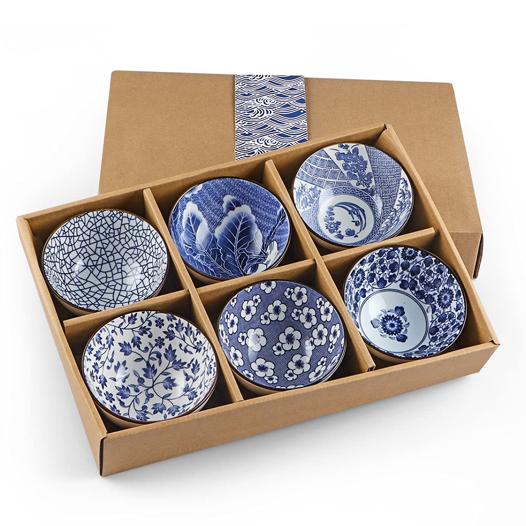Sanbege ceramic rice bowls 10oz with blue-white hexagon texture for everyday meals.