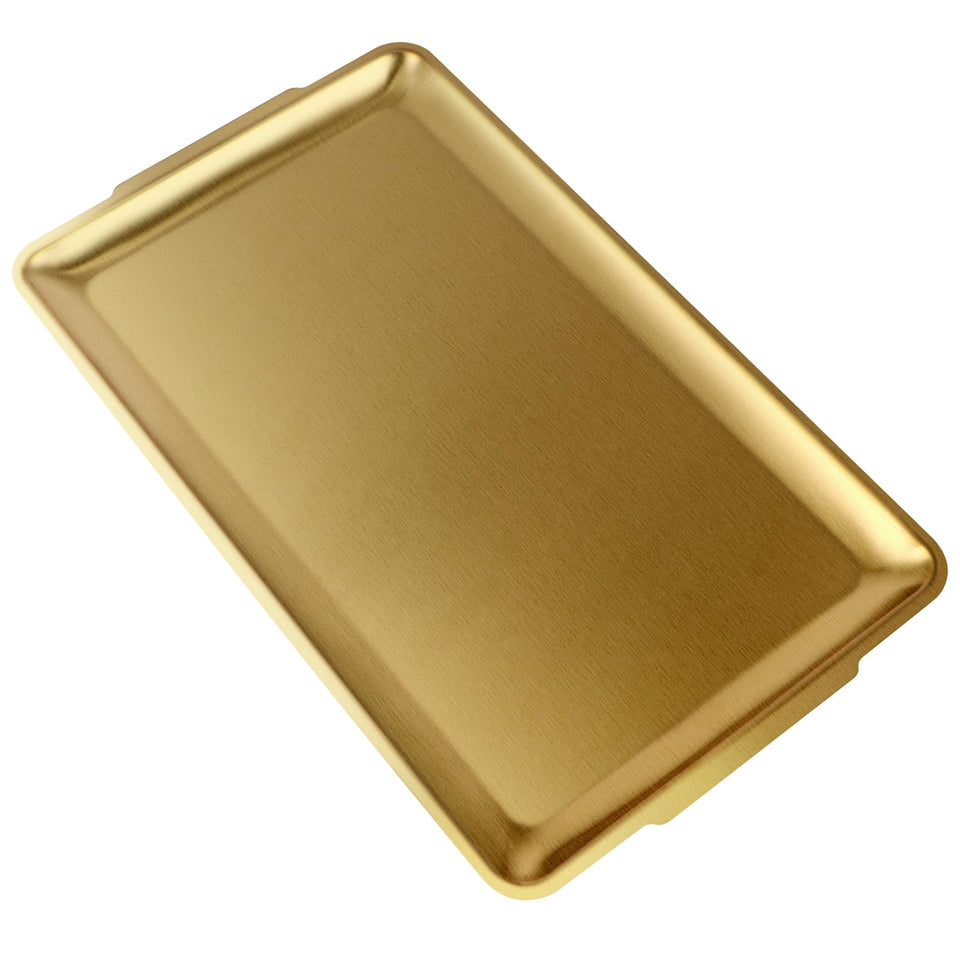 Sanbege large brushed gold stainless serving platter with 15.7-inch rectangle for elegant dining displays.