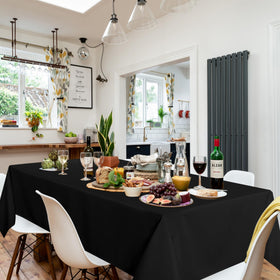 Sancua 6-pack white tablecloths protecting the table with a clean, polished look.