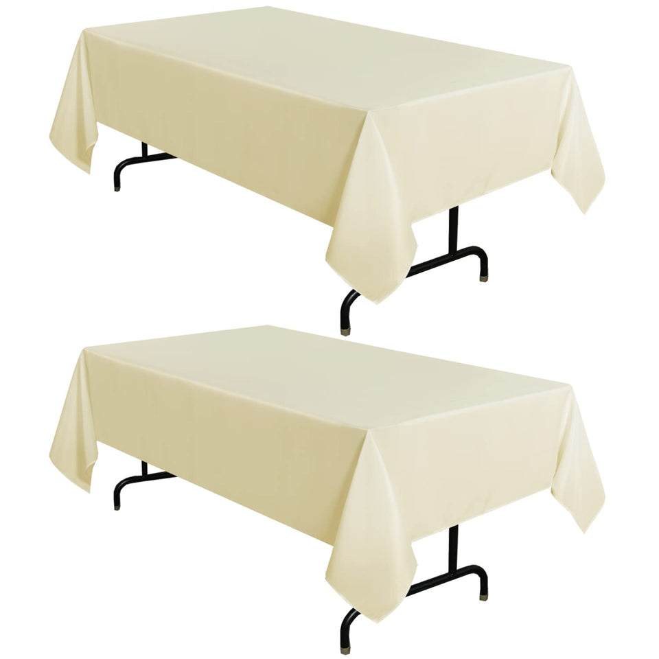Sancua beige tablecloth flatlay showing 60x102 inch size for 6ft tables, protective and stylish