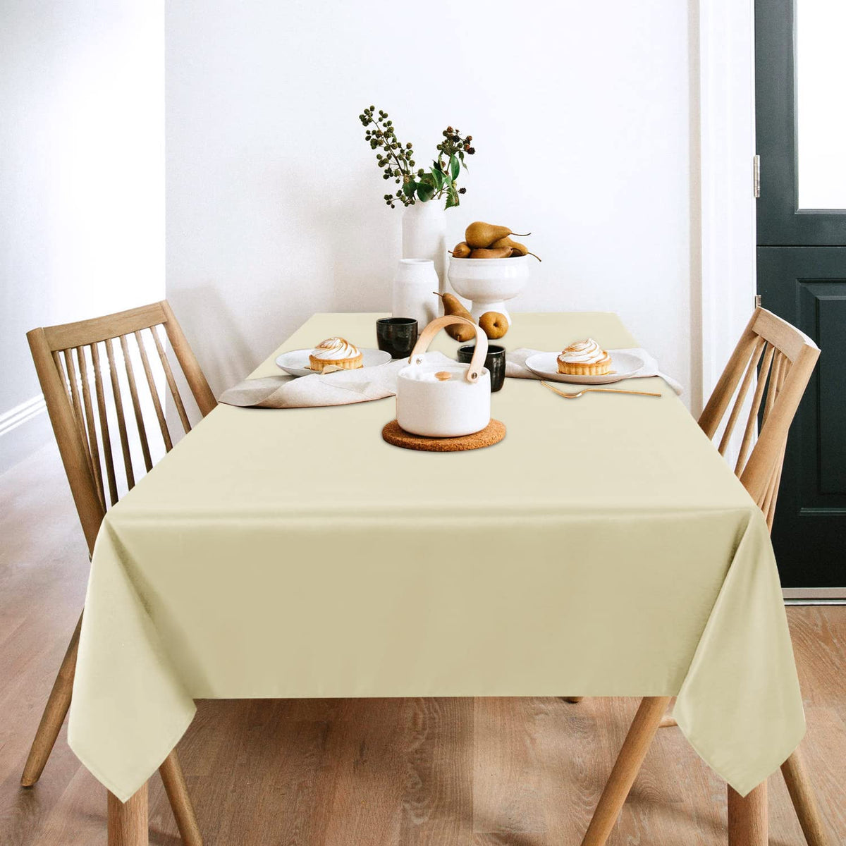 Sancua beige tablecloth on dining table, wrinkle-free finish ideal for everyday meals
