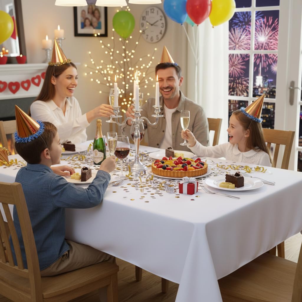 Sancua dining room setup with white tablecloth for a polished look