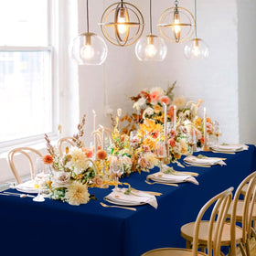 Sancua navy blue tablecloth fabric close-up highlighting durable polyester texture.
