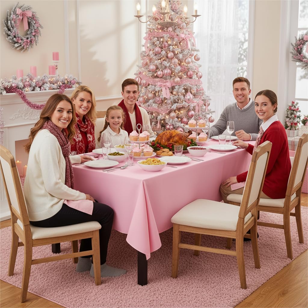 Sancua pink tablecloth dining setup enhances a chic party ambiance.
