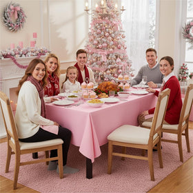 Sancua pink tablecloth dining setup enhances a chic party ambiance.