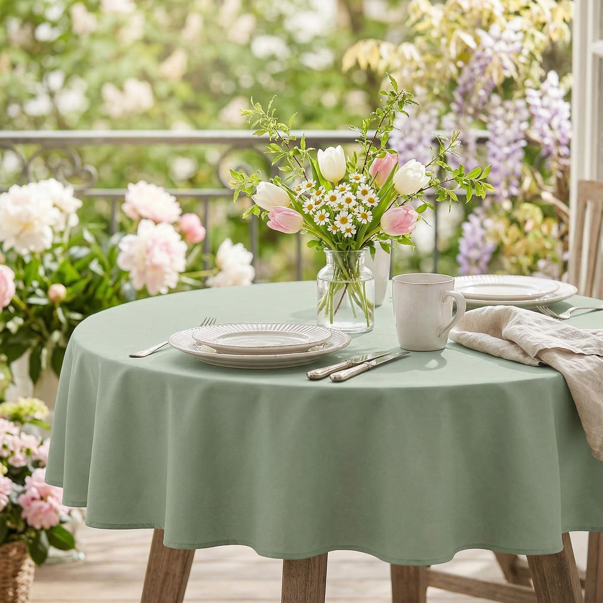 Sancua tablecloth outdoor dining setup shows versatile sage color for events