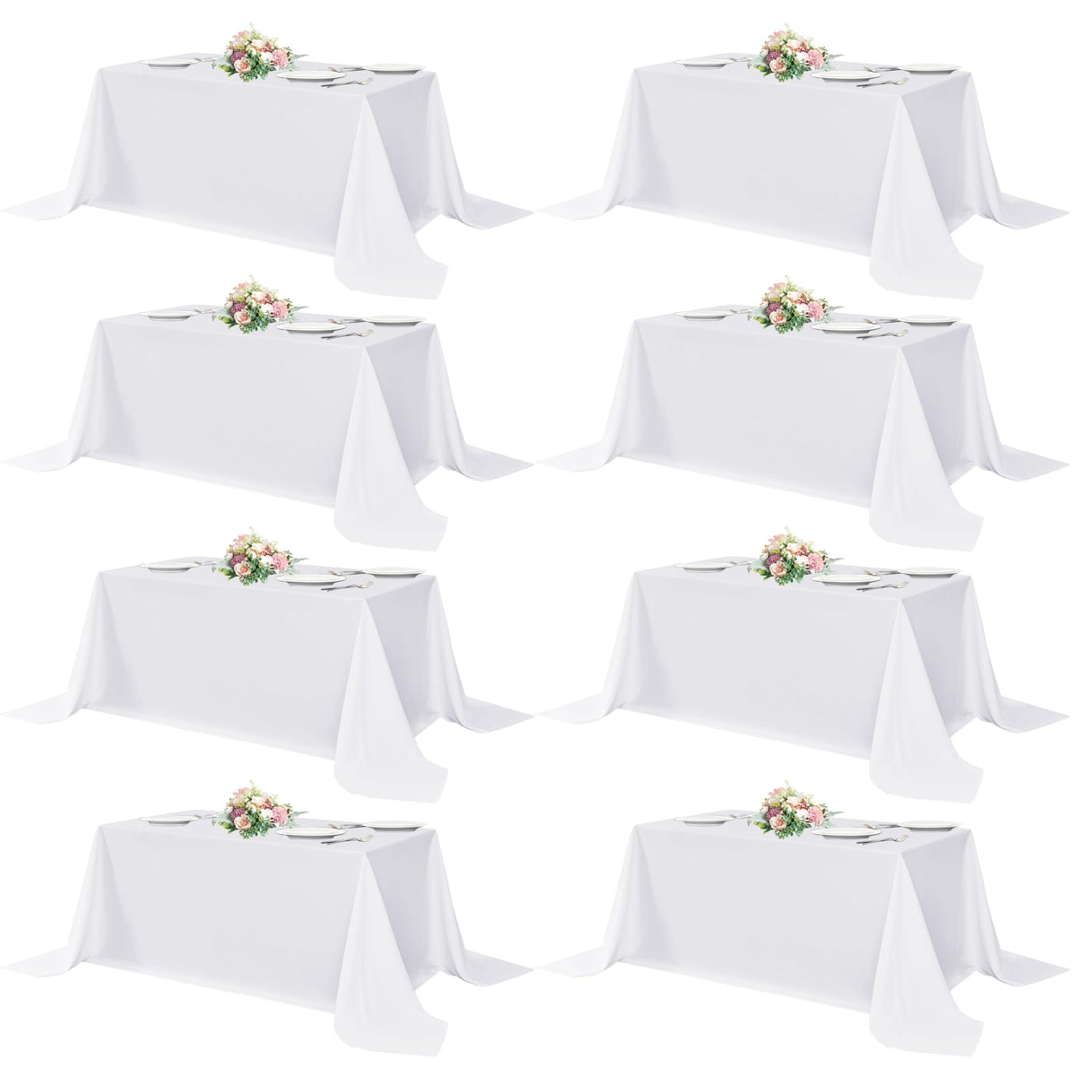 Sancua white rectangle table cloth 8-pack in flat lay, showing durable polyester fabric