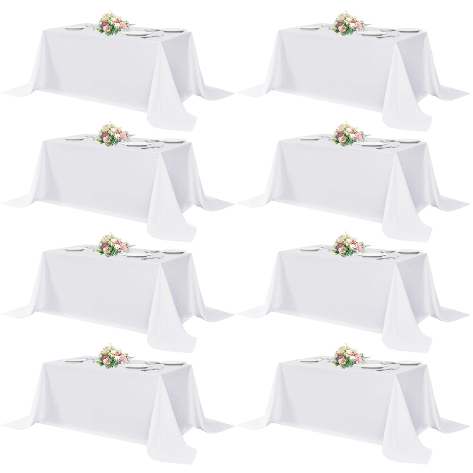 Sancua white rectangle table cloth 8-pack in flat lay, showing durable polyester fabric