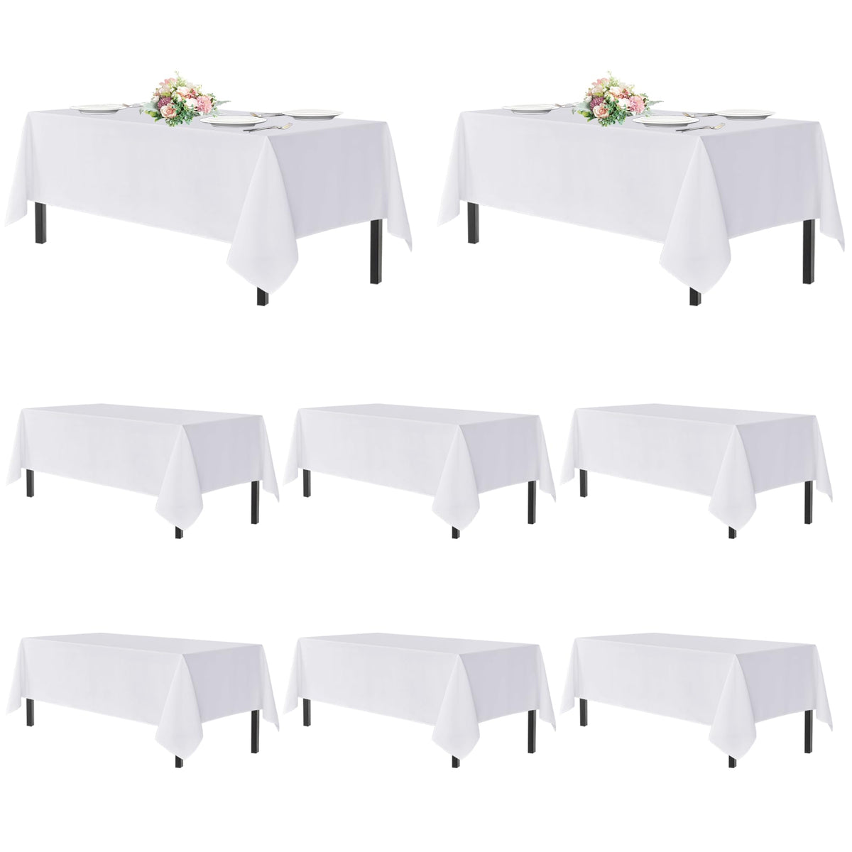 Sancua white rectangle tablecloth on a full event table setup for an elegant look