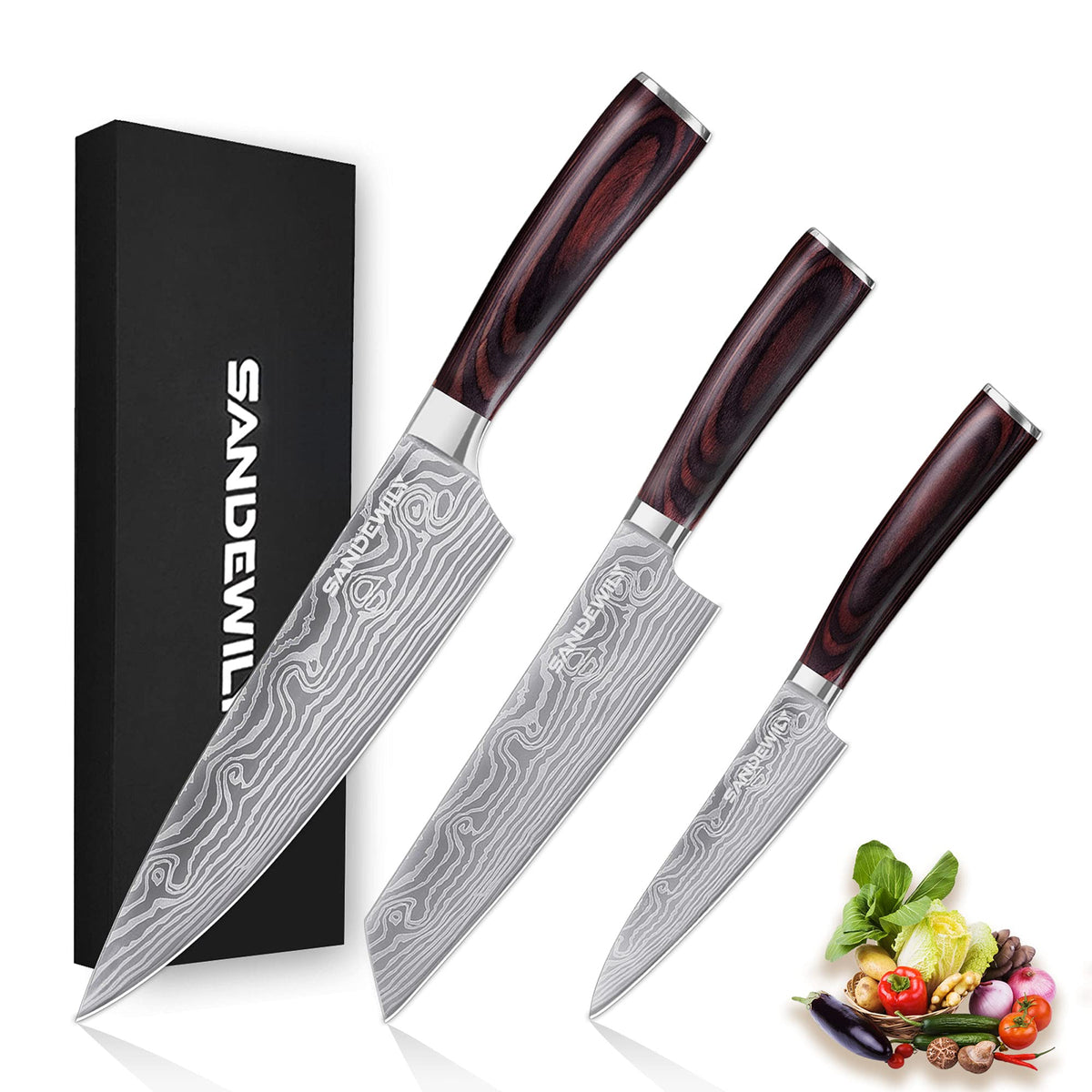 SANDEWILY 8-inch chef knife with high carbon steel for precise slicing.