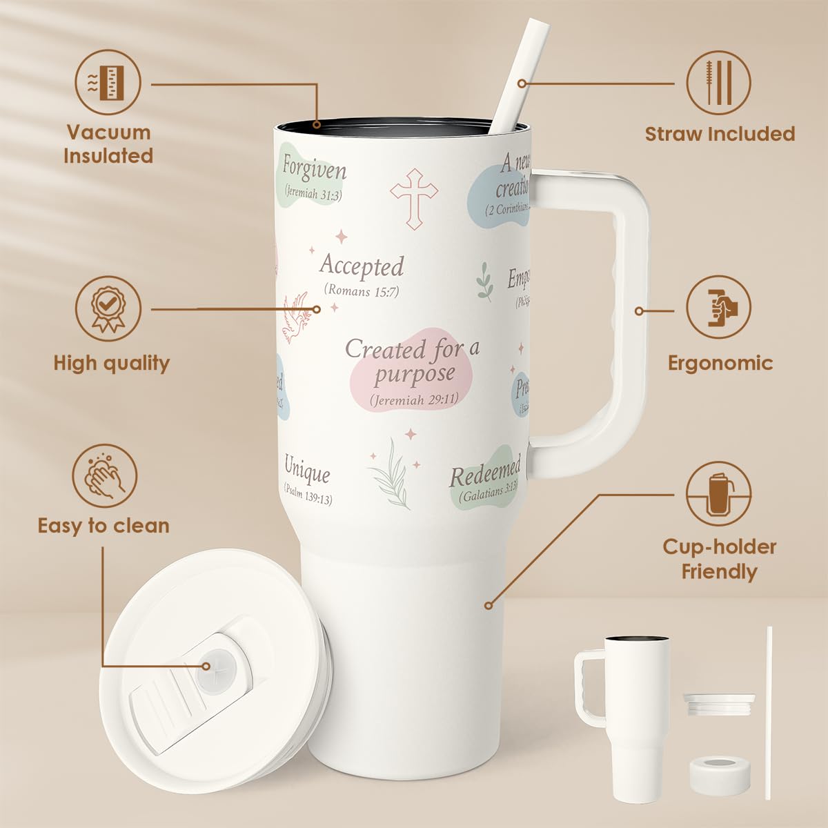 SANDJEST 40oz insulated tumbler closeup showcases durable stainless steel and temperature control.