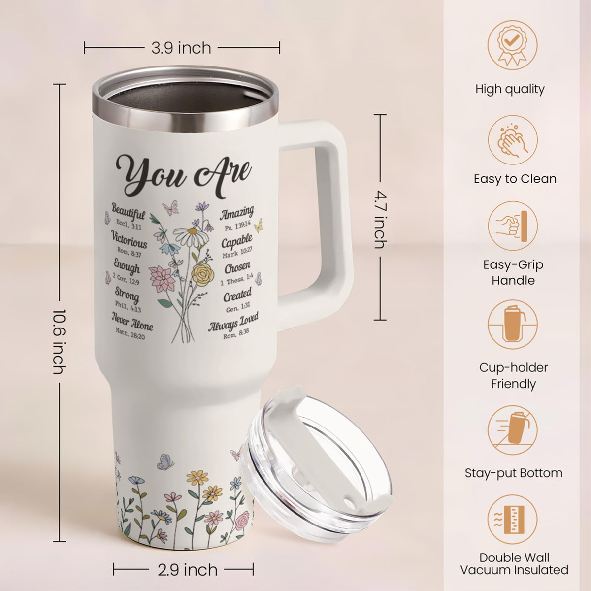 SANDJEST 40oz tumbler double-wall insulation keeps beverages at target temperature.