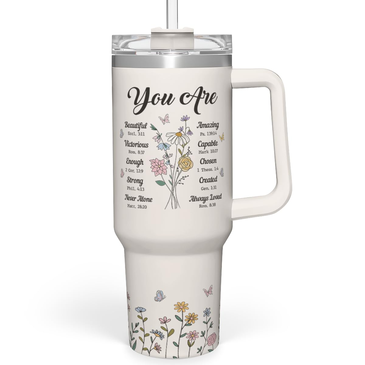 SANDJEST 40oz tumbler handle close-up for easy grip and on-the-go hydration.