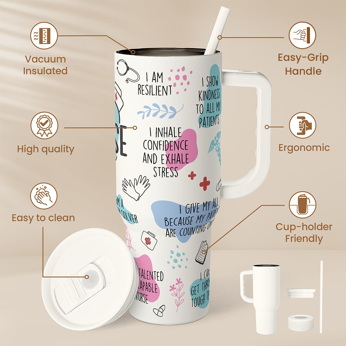 Sandjest 40oz tumbler with handle and straw lid ideal for busy nursing rounds.