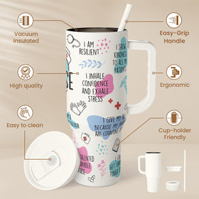 Sandjest 40oz tumbler with handle and straw lid ideal for busy nursing rounds.