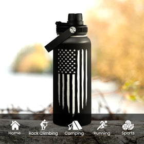 SANDJEST American Flag 32oz bottle close-up of ergonomic grip.