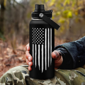 SANDJEST American Flag 32oz bottle in a backpack or gym bag.