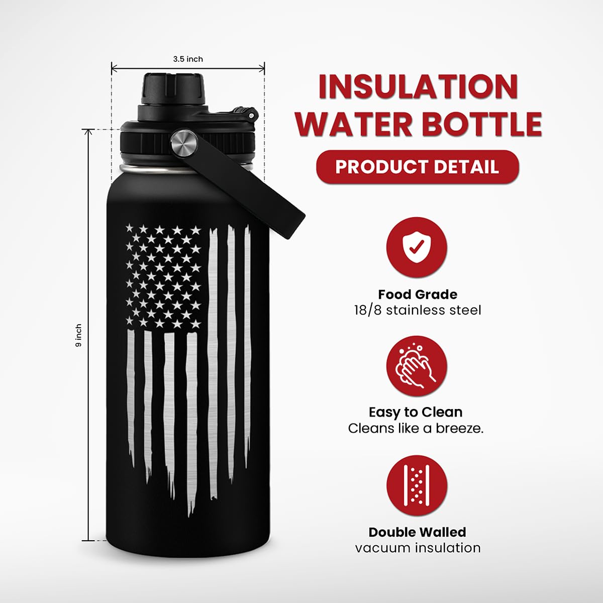 SANDJEST American Flag 32oz bottle side view highlighting insulated stainless steel.
