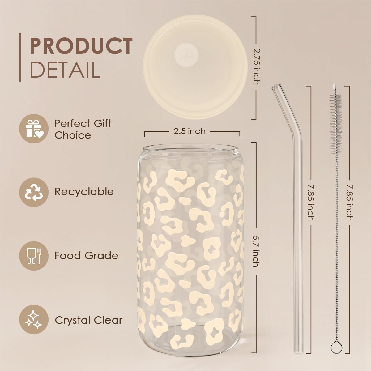 SANDJEST beige leopard-print cup with lid keeps drinks secure on the go
